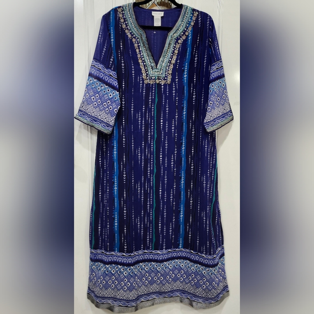 Soft Surroundings blue caftan style full length dress w/ embellishments …